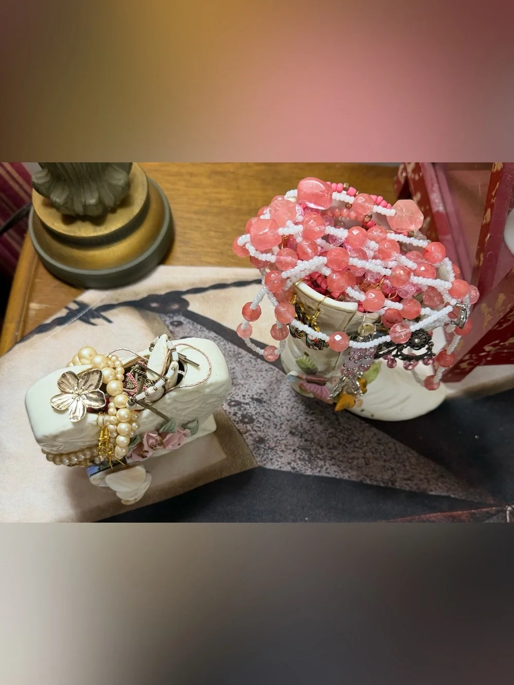 Ceramic Pink and White Decorative Boot Jewelry Holder - filled with jewelry